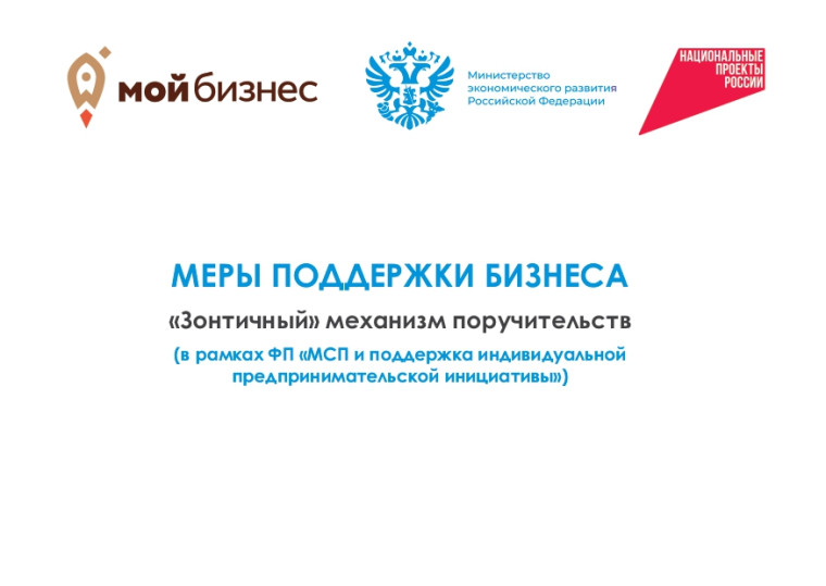 Меры поддержки бизнеса "Зонтичный" механизм поручительств (в рамках ФП "МСП и поддержка индивидуально предпринимательской инициативы)". Меры поддержки бизнеса "Зонтичный" механизм поручительств (в рамках ФП "МСП и поддержка индивидуально предпринимательской инициативы)".
